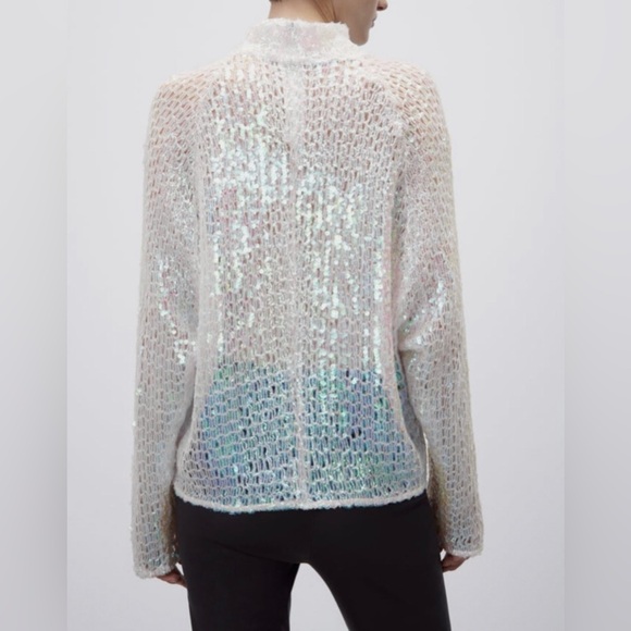 NEW ZARA ECRU WHITE SEQUIN SWEATER SIZE SMALL CHRISTMAS NEW YEARS - Picture 2 of 11